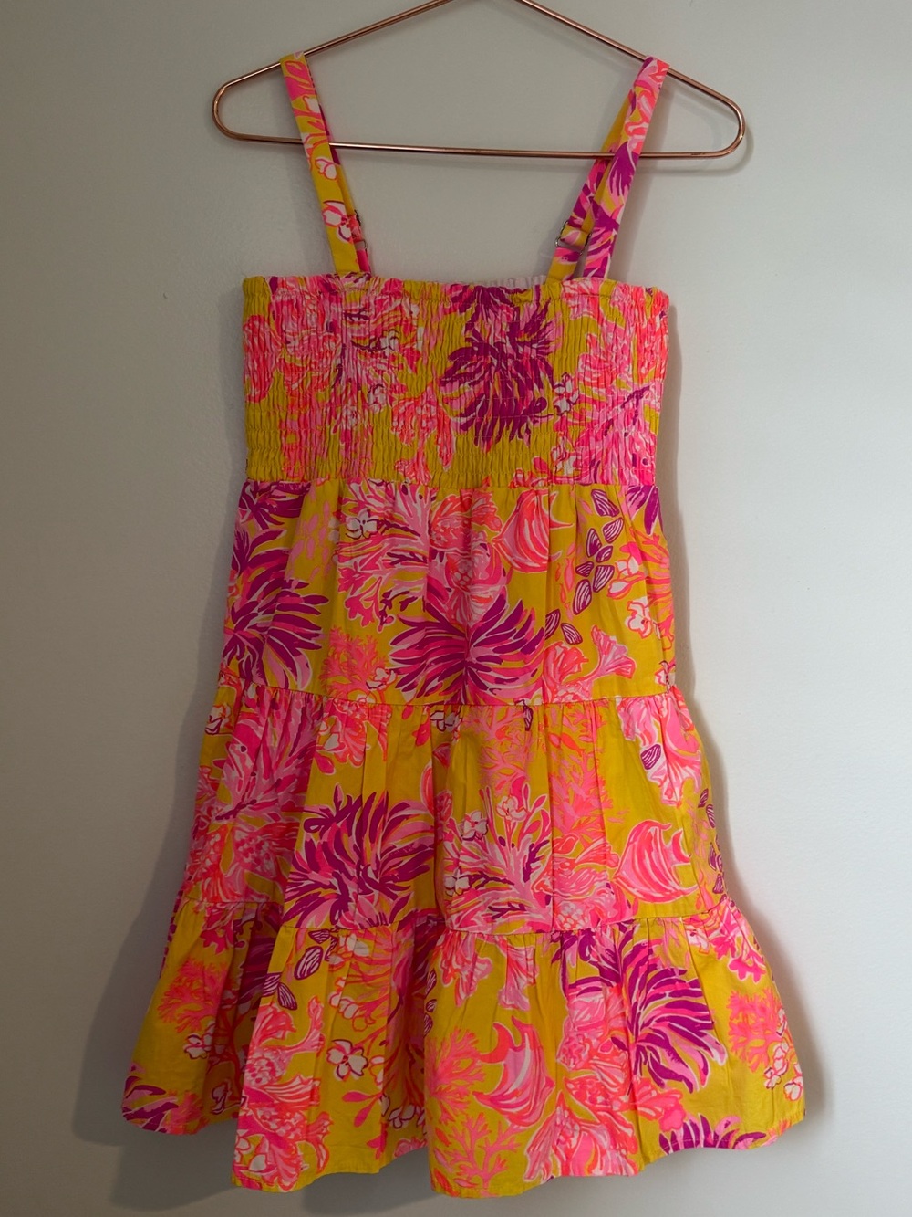 Lilly Pulitzer smock tier sundress with vibrant pink and yellow florals